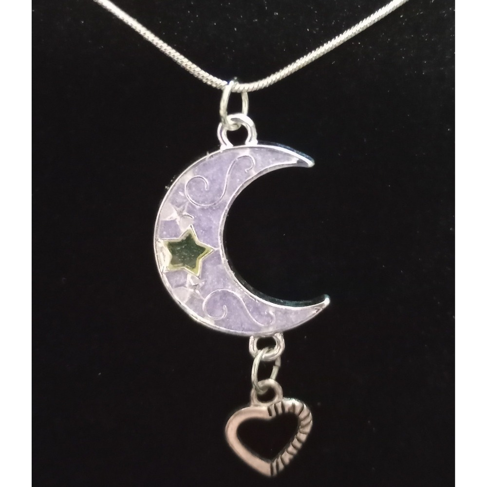 Pearlescent Purple‎ Crescent Moon Pendant With Open Heart Charm On 18" Chain